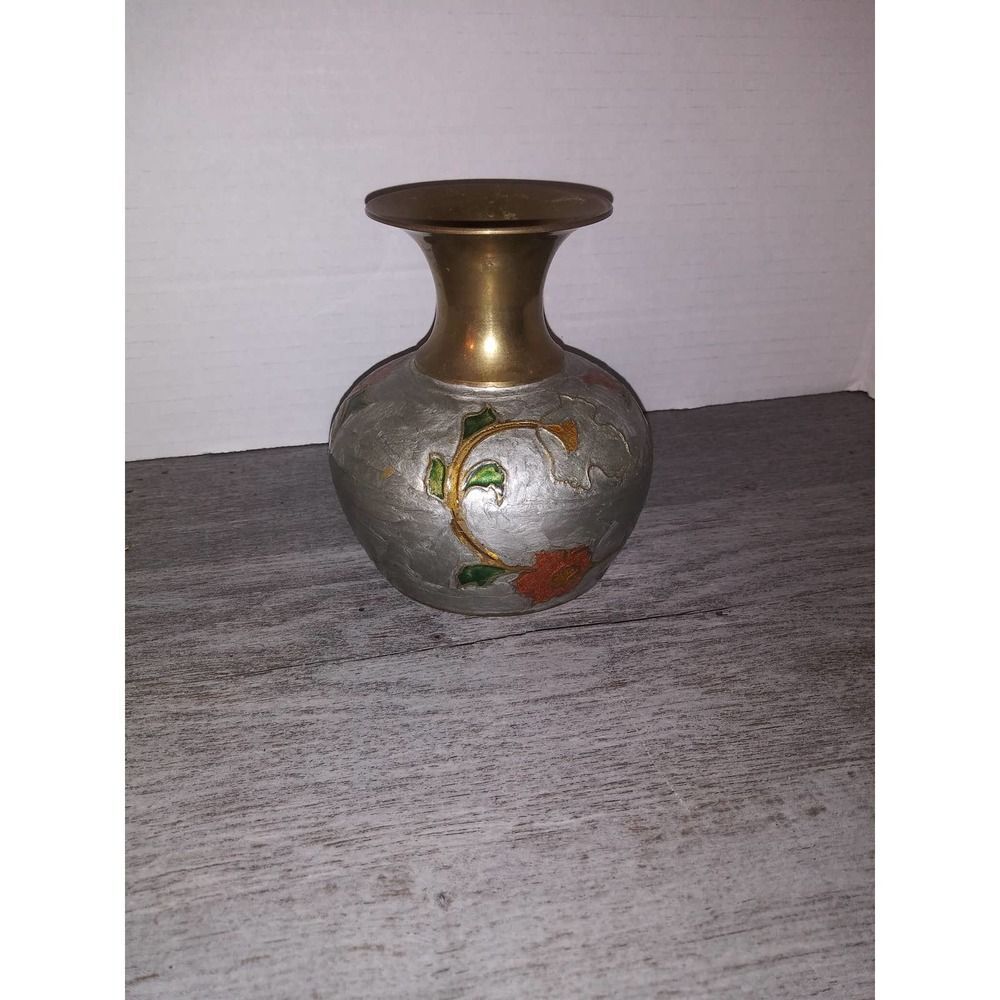Solid Brass And Enamel Cloisonne Vase With Floral Design 4 1/2" Made in India